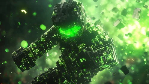 Neon voxel guardian dives through a storm of digital shards.