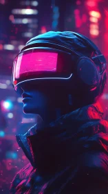 Neon-lit cyberpunk figure gazes upward in virtual immersion