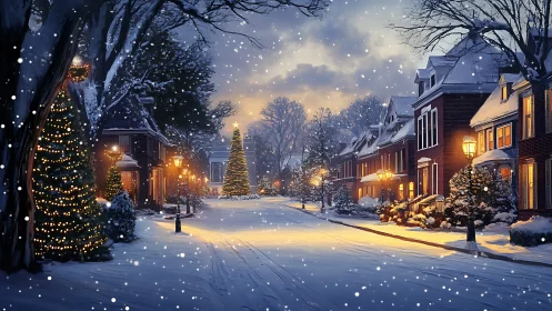 Snowy suburban street with glowing Christmas tree lights.