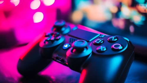 Gamepad under neon bokeh illumination, shallow depth captured.