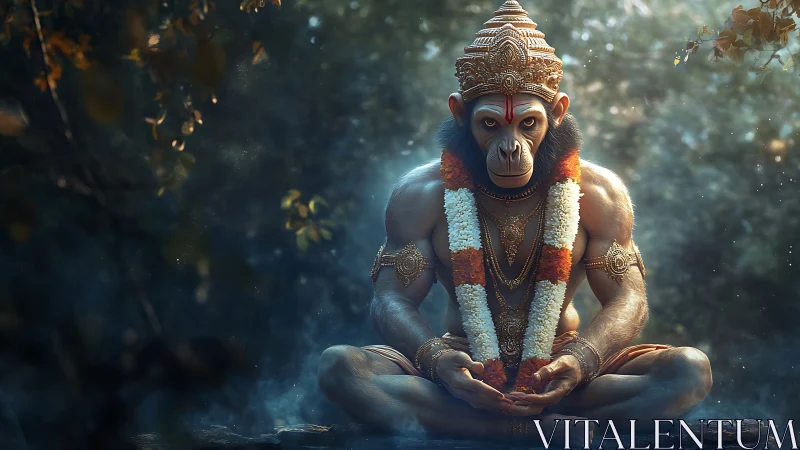 Forest monk monkey-god in meditative golden stillness.