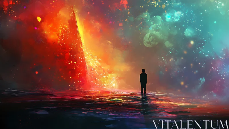 Silhouetted figure faces radiant cosmic horizon glow.