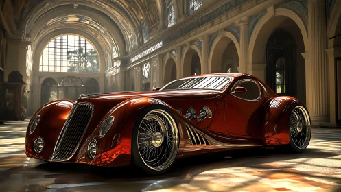 Streamlined red concept coupe in ornate hall interior.