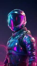 Stargazing in neon armor under a quiet cosmic sky.