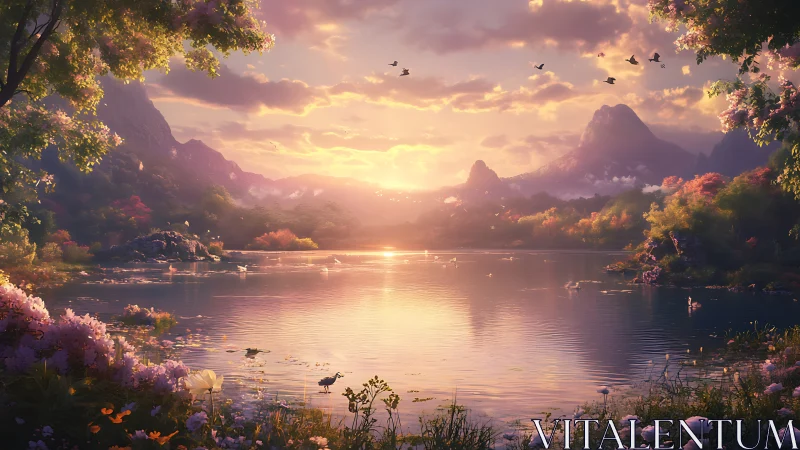 Sunlit mountain lake with volumetric haze and high-color foliage