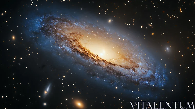 Inclined spiral galaxy with dense stellar halo and core glow.