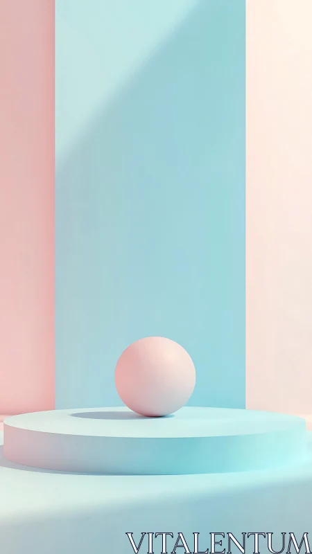 Pastel sphere rests on circular plinth in minimal studio space
