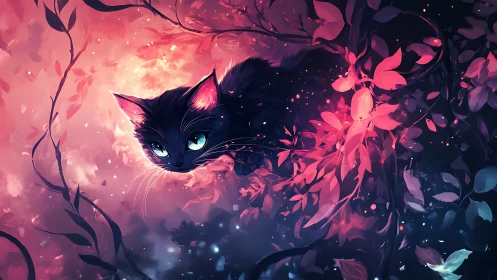 Black Cat with Glowing Eyes in Neon Pink Foliage.