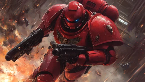 Crimson war titan hurtles through firelit ruins with purpose