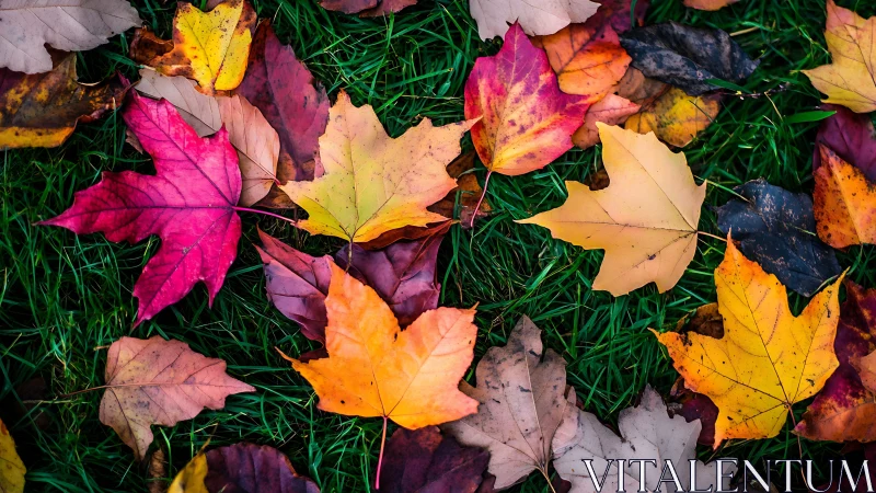 Color varied maple leaves scattered on green grass surface.