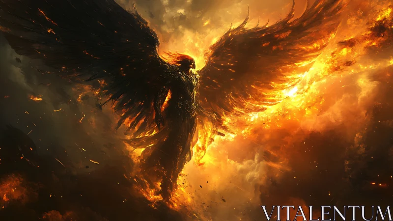 Fiery winged fallen angel ascends within a storm of flames