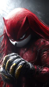 Fierce red warrior hedgehog stands ready in stormy light