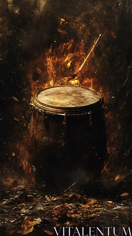 Burning barrel drum with suspended mallet in ember storm