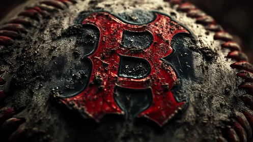 Macro sports emblem on weathered baseball surface close-up.