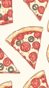 Seamless vector pattern of pepperoni pizza slices with olives