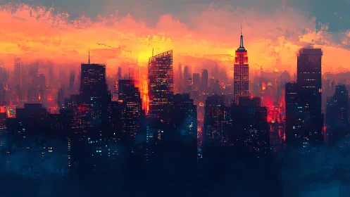 Vibrant digital skyline renders a neon-drenched urban sunset