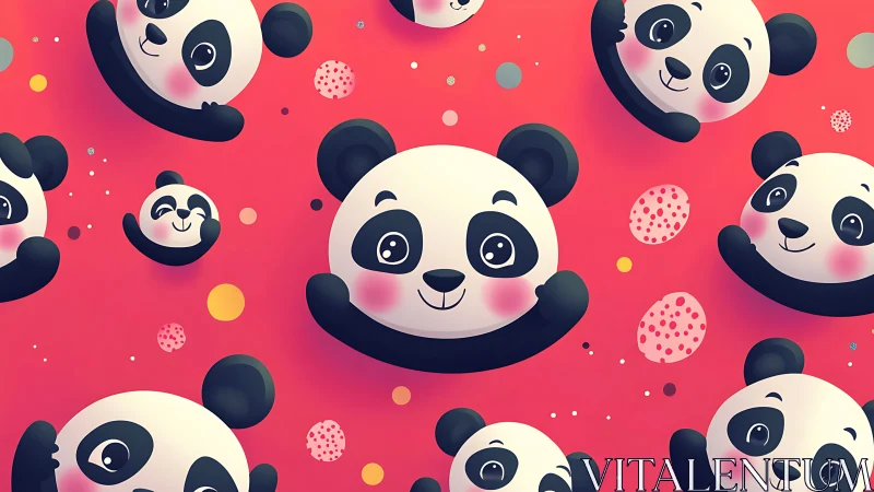 Cute cartoon panda faces on bright red background pattern.