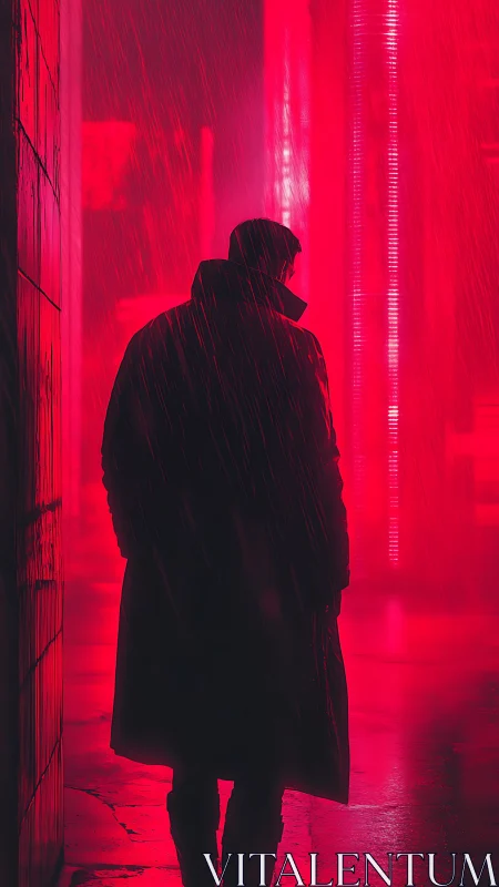Lone figure in neon rain walks through electric crimson night.
