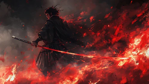 Lone firelit samurai walking through a storm of embers.