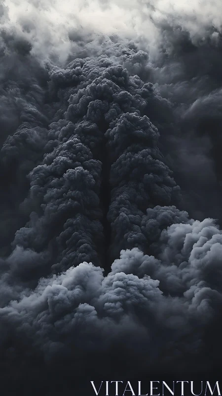 Towering volcanic plume forming surreal storm corridor.