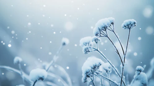 Snow-covered seed heads stand in shallow-focus winter scene