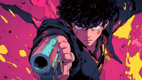 Male figure extends firearm toward viewer in stylized frame