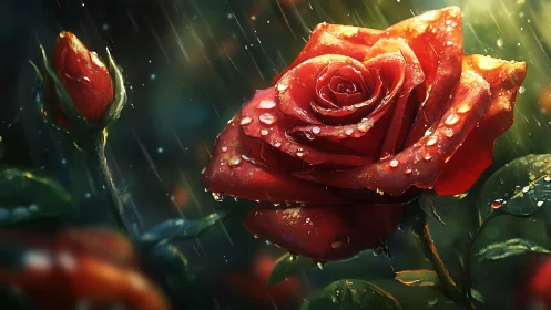 Crimson rain-kissed rose leans into a stormlit spotlight