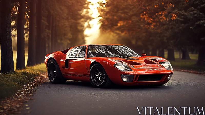 Classic red sports car glows against a serene forest road at dusk