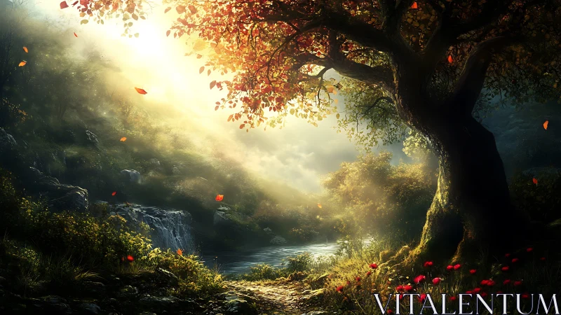 Sunlit autumn tree beside misty river in fantasy glade.