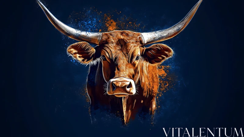 Longhorn bull portrait framed by blue and orange splashes