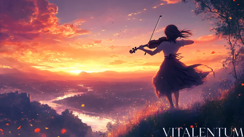 Silhouette violinist stands on hillside overlooking glowing sunset
