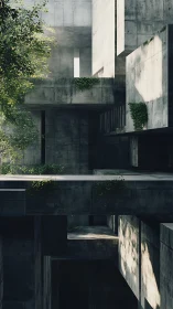 Brutalist concrete building with stepped levels and vegetation growth.