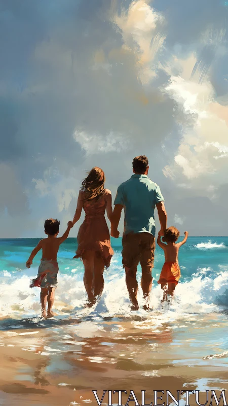 Family walks into sunlit waves beneath expansive sky.
