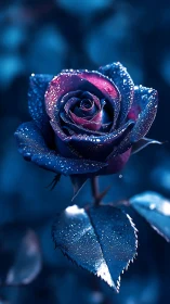 Glowing Blue Rose with Dewdrops
