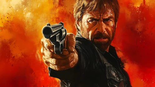 Hardened action hero aims revolver against fiery backdrop.