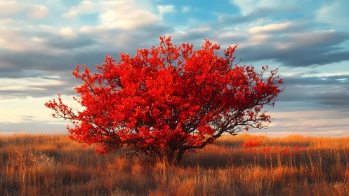 Vibrant red autumn tree in golden field under dramatic sky.
