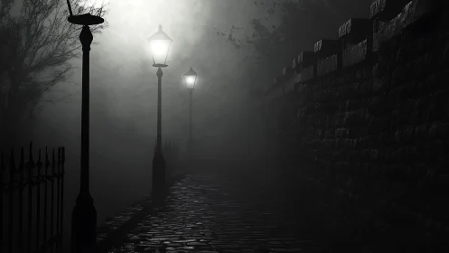 Gentle lamplight guides a lonely cobblestone path in foggy night