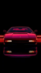 Retro red sports car glowing in sleek neon reflections.