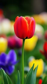 Red Tulip in Full Bloom Against Soft Garden Background.