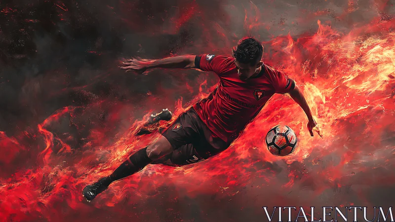 Soccer player in mid-air kick framed by stylized fire effects