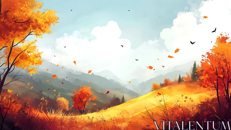 Golden autumn valley glows under bright mountain sky