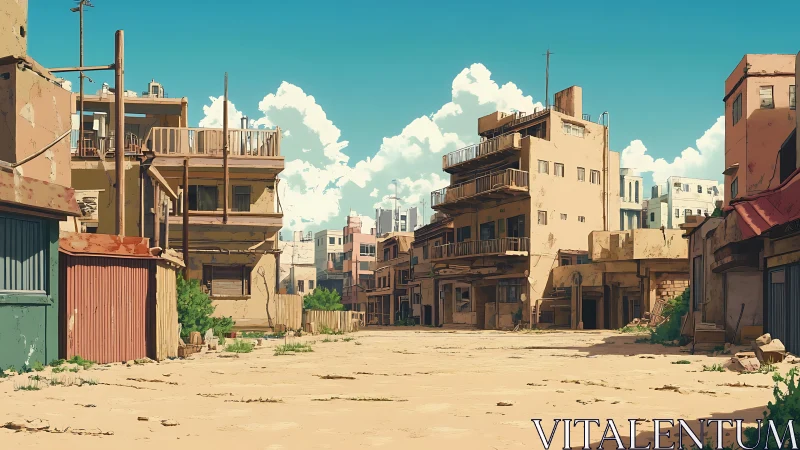 Urban courtyard shows low-rise residential buildings in sun