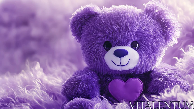 Purple plush teddy bear holding heart on fluffy background.