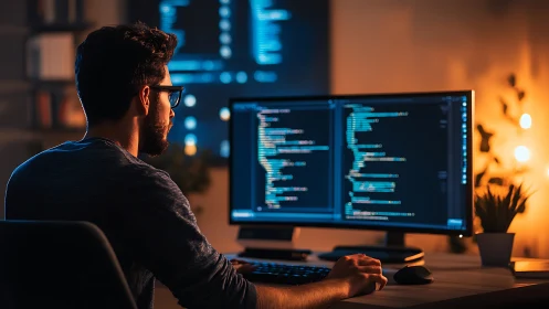 Software developer codes at dual monitors in warm studio.