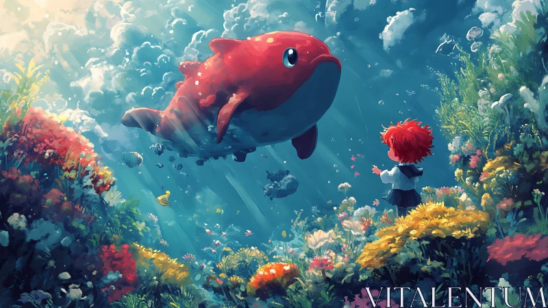 Gentle red whale and curious child in a dreamlike reef.