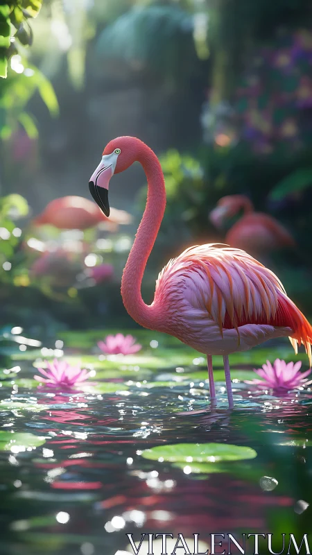Pink flamingo stands in sunlit lily pond within lush garden