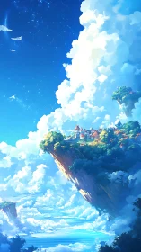 Floating cliff village rendered in high-saturation atmospheric depth