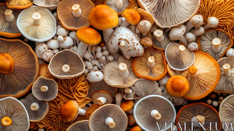 Cozy forest mushroom medley in soft golden-orange tones.