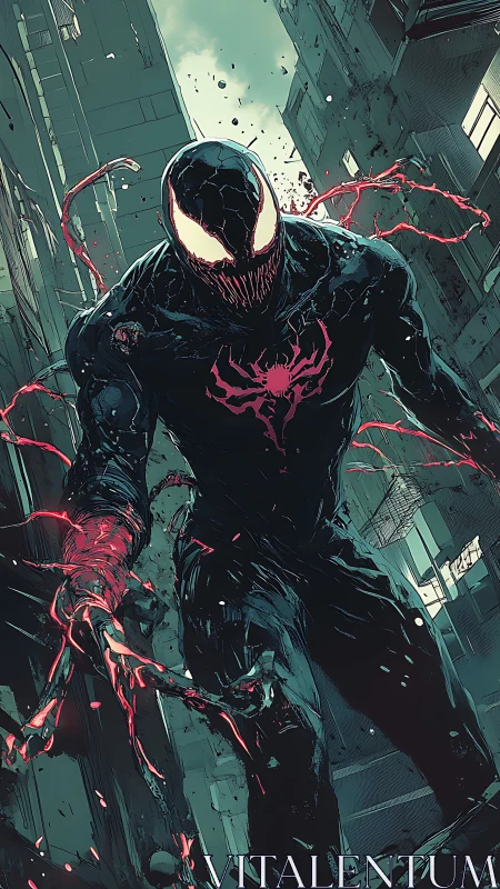 Symbiote figure advances through narrow damaged city alley