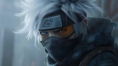 Stormlit shinobi gaze carves silence through winter mist